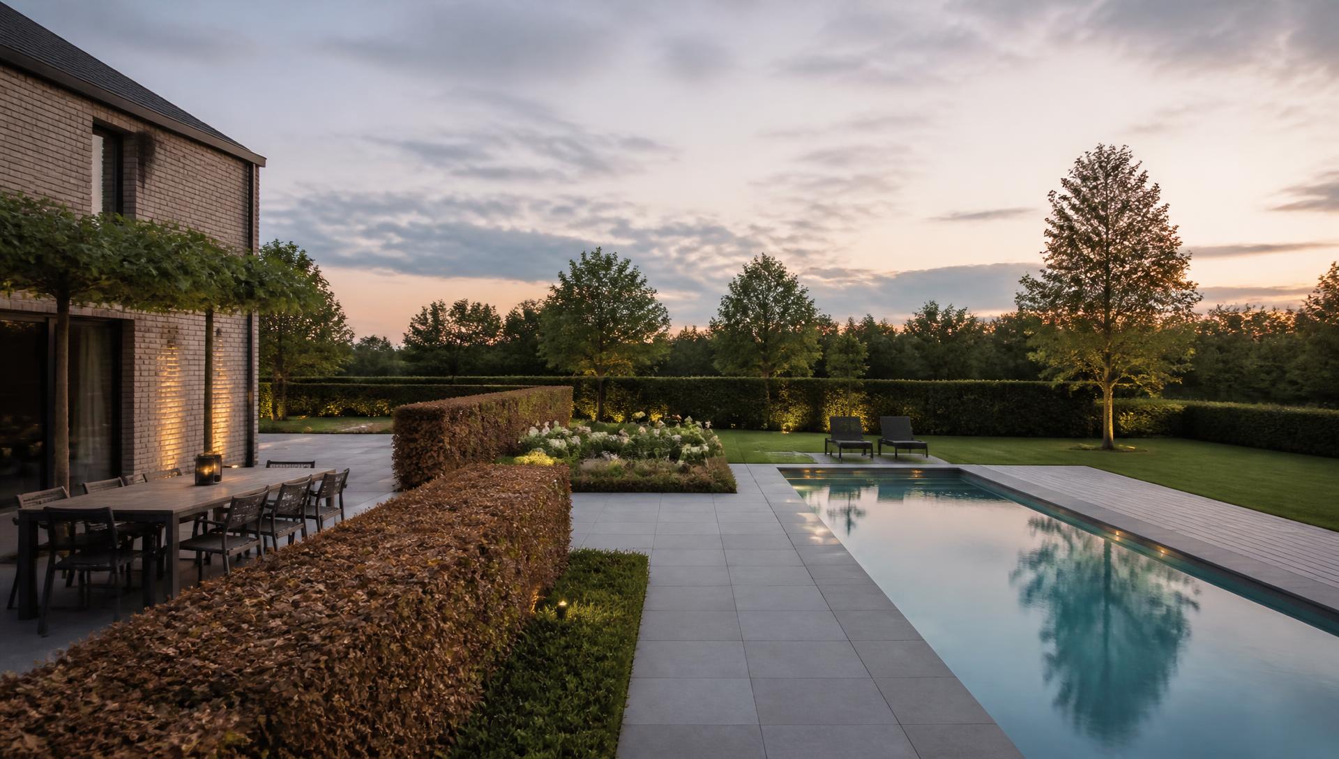 Terrasse en granit avec piscine et haies de hêtre