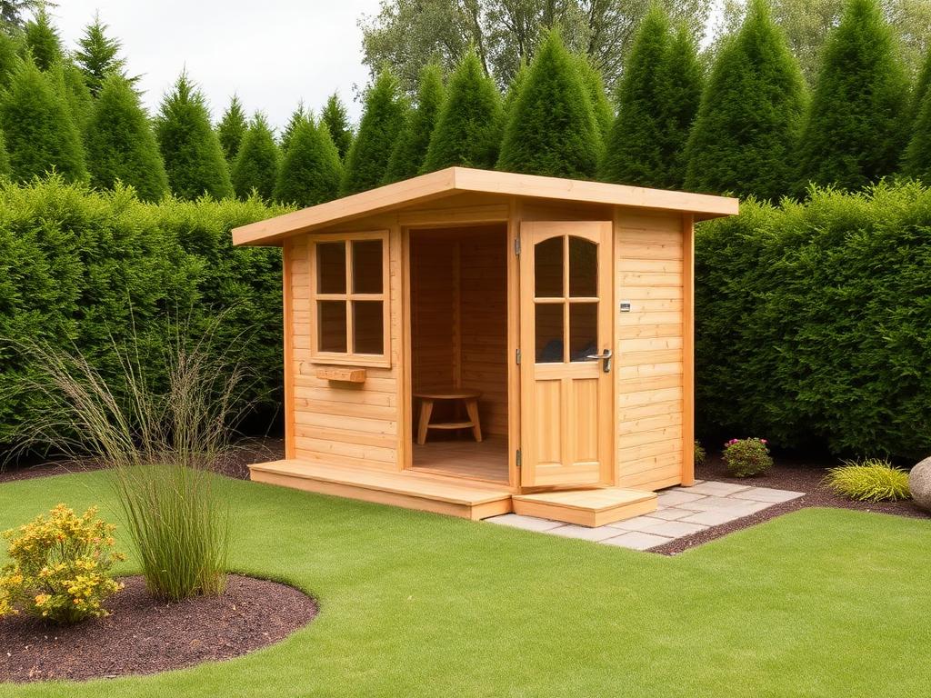 Abri de jardin en bois posé sur une pelouse entretenue